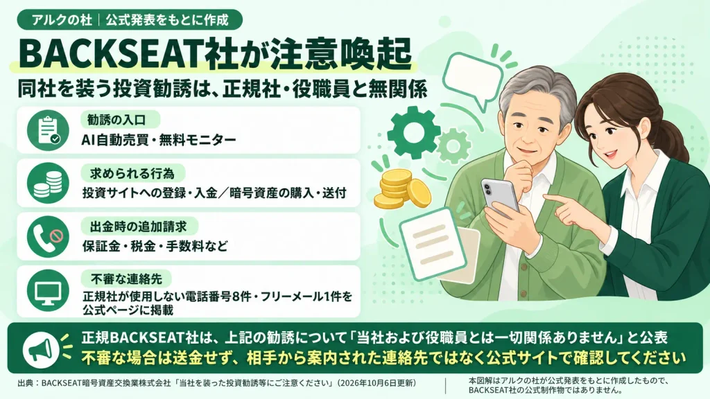 正規BACKSEAT社を名乗る無料モニター勧誘や不審な連絡先・追加請求についての注意喚起図