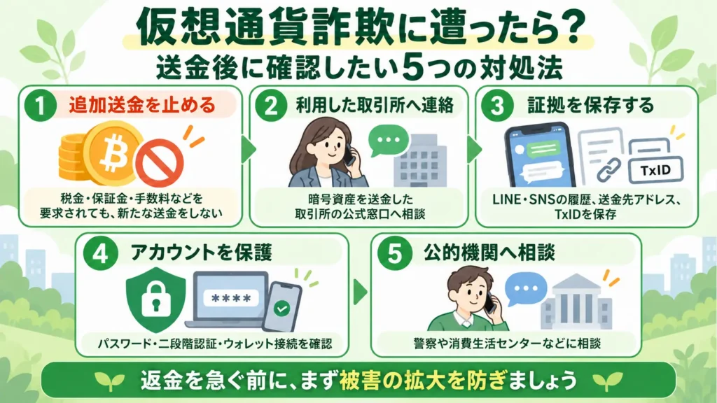 仮想通貨詐欺に遭った後の追加送金停止・取引所への連絡・証拠保存・アカウント保護・公的機関への相談を示した図解