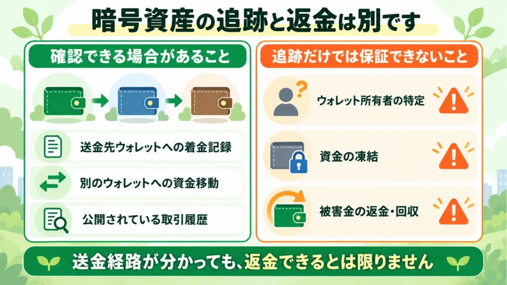 暗号資産の送金経路の追跡と、ウォレット所有者の特定・資金凍結・被害金の返金との違いを示した図解