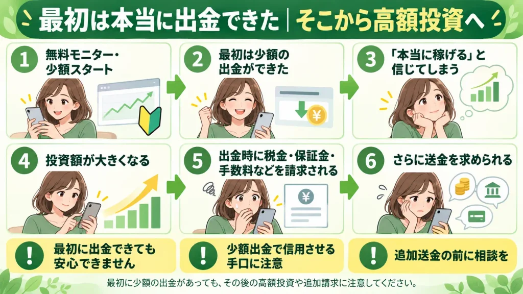無料モニターから少額出金、高額投資、出金時の追加請求へ進む流れを示した図解