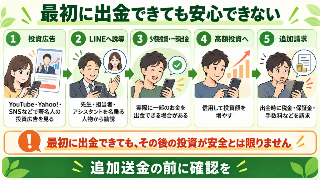 著名人の偽投資広告からLINEへ誘導され、少額出金の後に高額投資や追加請求へ進む流れの図解